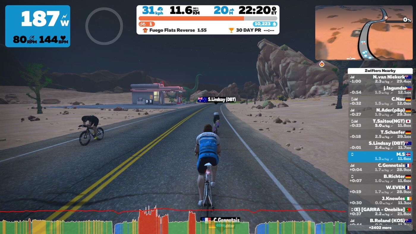 Zwift screenshot, nattekørsel.