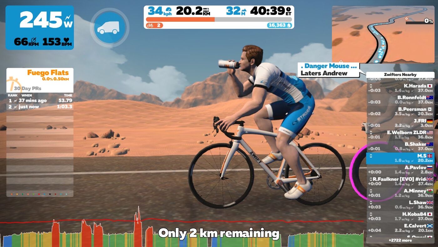 Zwift screenshot hvor man ser en alternativ kameravinkel.