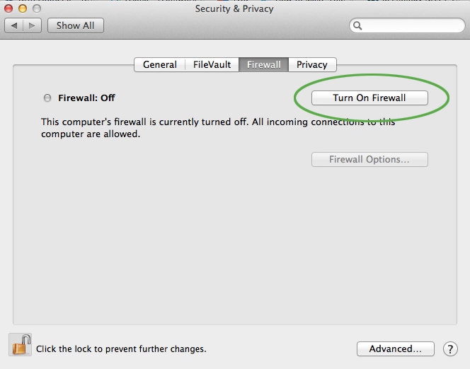 Slå firewall til på Mac OS X