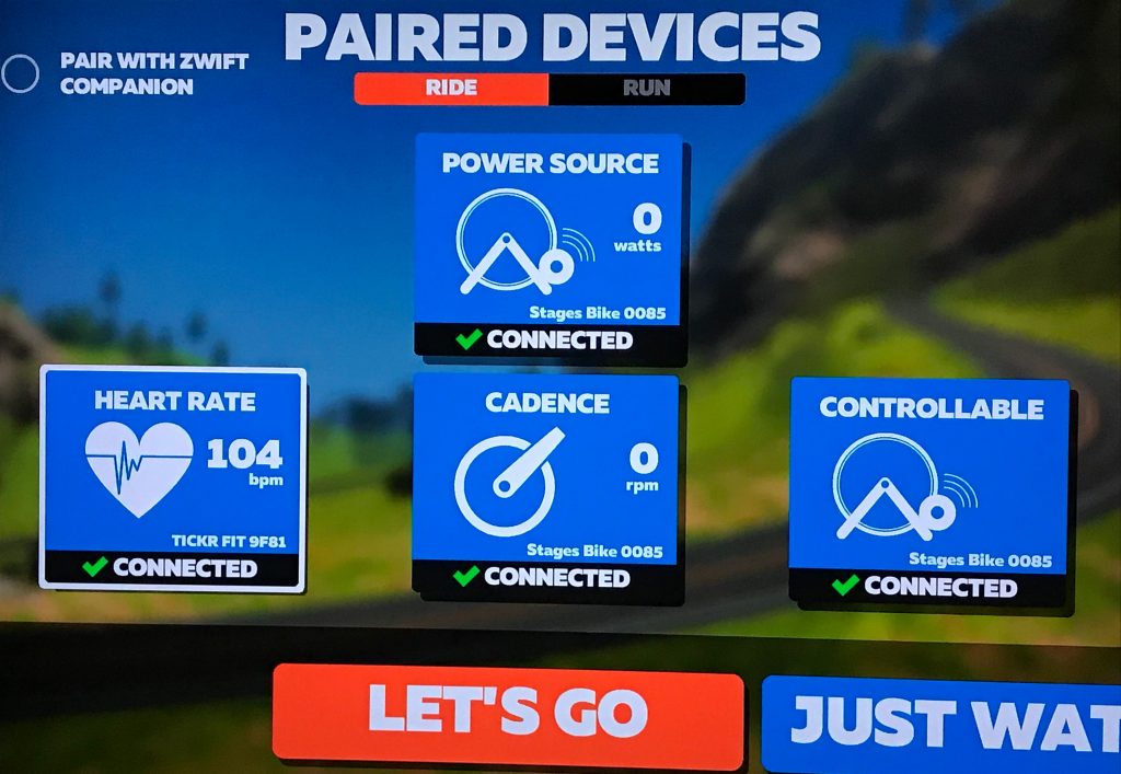 Zwift forbundne enheder med Stages SB20 cyklen.